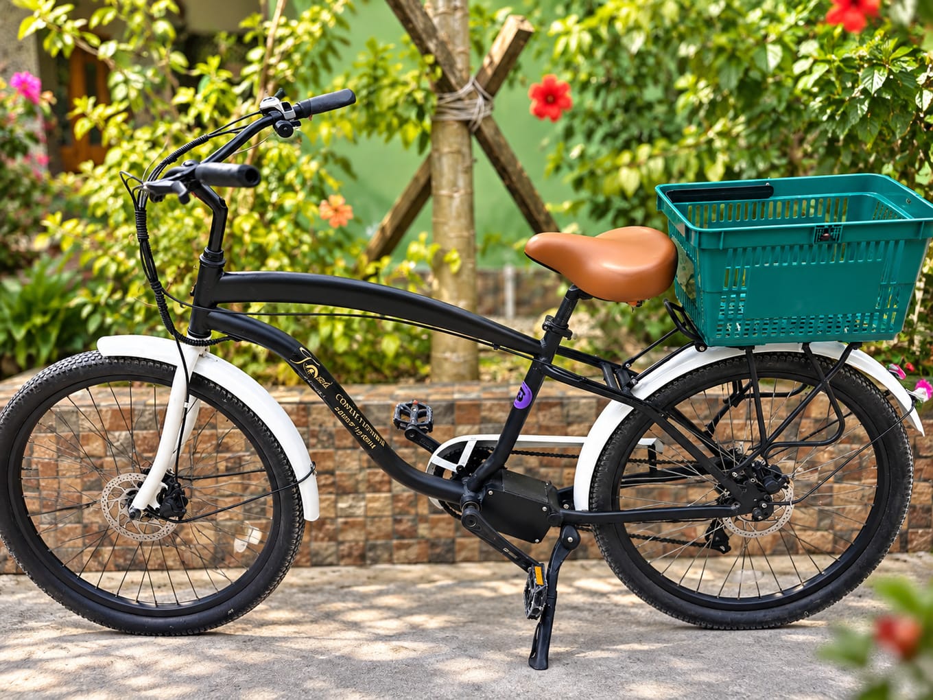 A black Tropical Riders cruiser bicycle with a brown saddle and green basket against a bright green wall at Benjamin Guest House