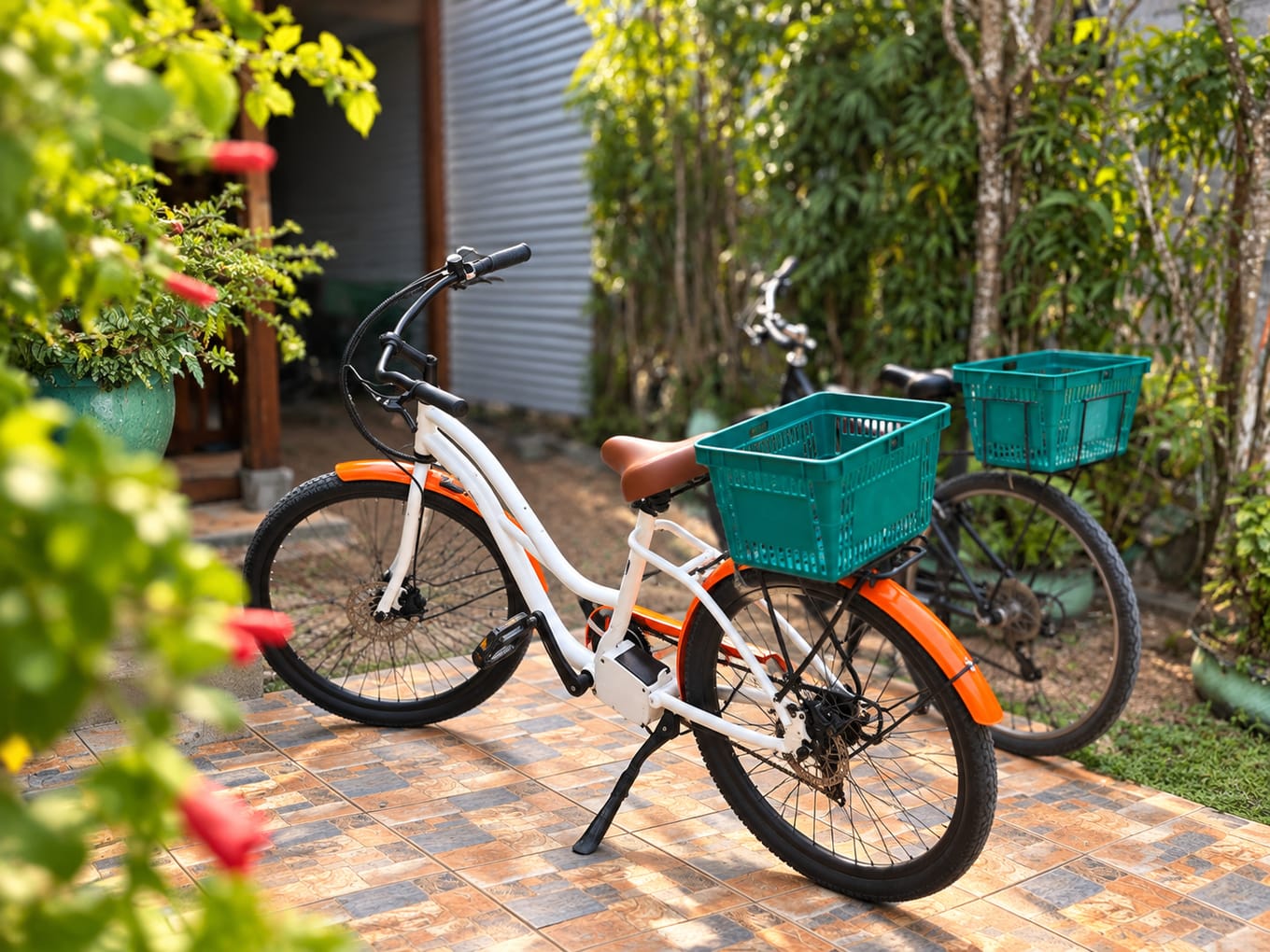 A white and orange Tropical Riders bicycle on a garden terrace at Benjamin Guest House, seen through flowering hibiscus branches