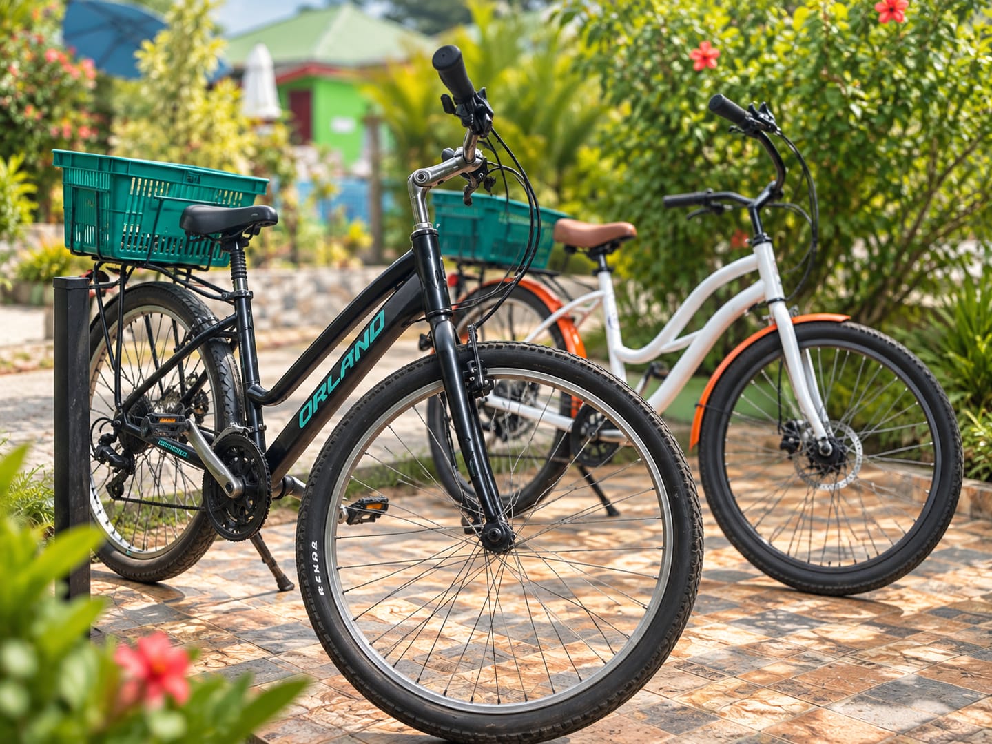 Two Tropical Riders cruiser bicycles with woven baskets parked on a tiled garden terrace at Benjamin Guest House on La Digue