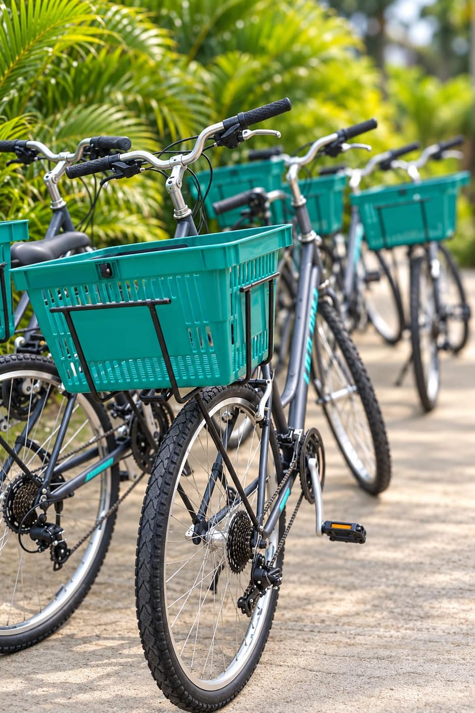 Tropical Riders bicycles with green shopping baskets lined up beside the palms at Benjamin Guest House