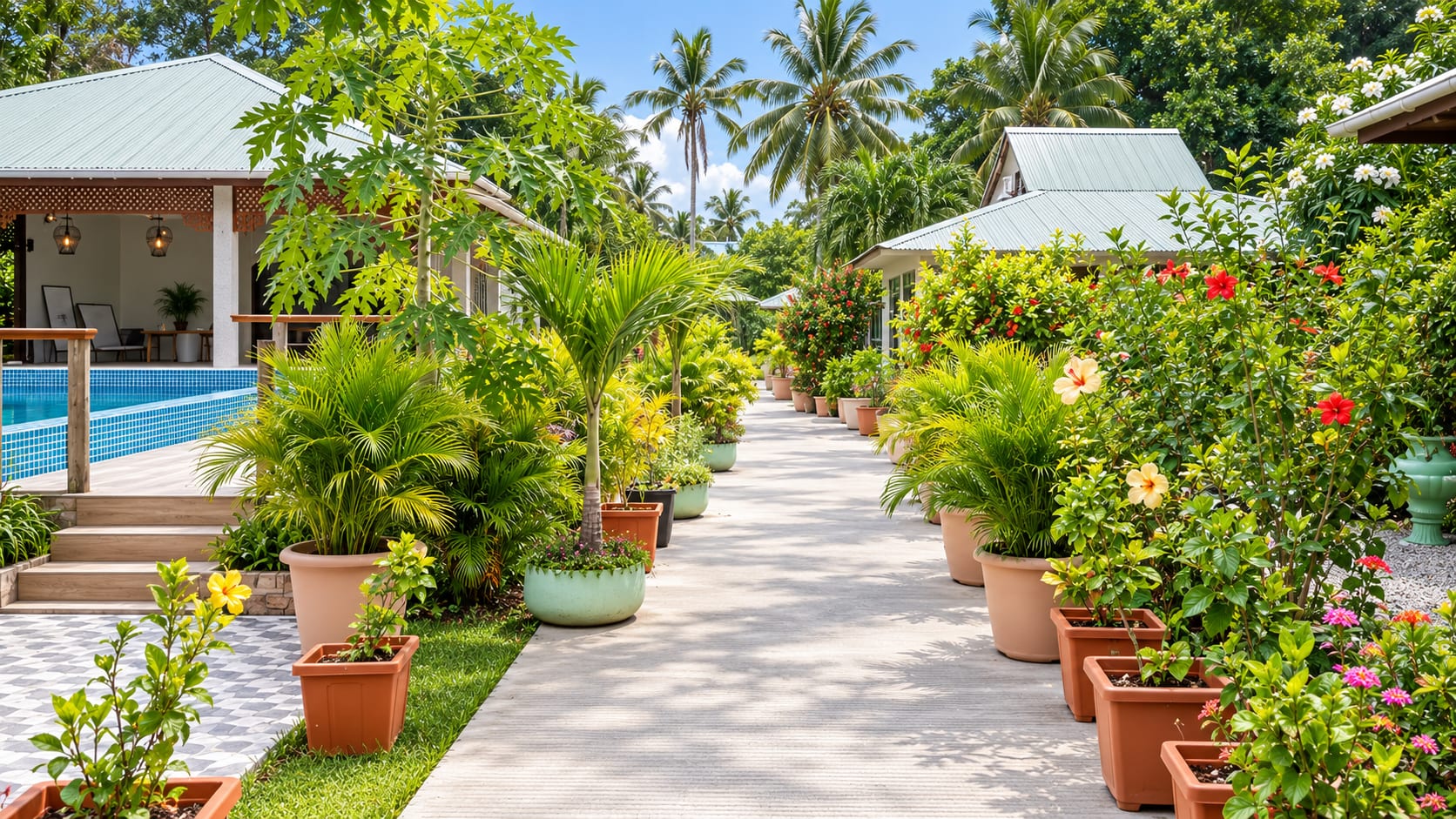 Tropical garden path at Benjamine's Guest House